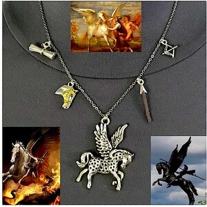 Pegasus & Bellerophon Greek Mythology Handmade Necklace, Winged Horse, Spear